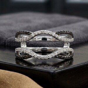 Sterling Silver Black White Diamond Ring Enhancer | Twisted Wave Infinity Wedding Band Wrap