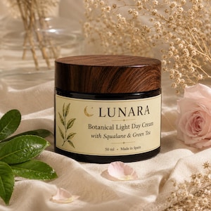 May include: A jar of Lunara Botanical Light Day Cream with a wooden lid. The label reads "Botanical Light Day Cream with Squalane & Green Tea". The jar is 50 ml and made in Spain. The background includes a rose and greenery.