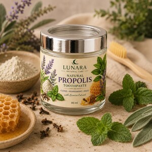 Può includere: Un vasetto di vetro di dentifricio naturale alla propoli Lunara con coperchio argentato. L'etichetta presenta illustrazioni di lavanda, menta e favo, con il testo Natural Propolis Toothpaste, Clove, Peppermint, Sage, with Licorice Extract, 80 ml.
