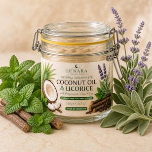 Op de afbeelding: Een doorzichtige glazen pot met een metalen beugelsluiting gevuld met Lunara Natural Care Kokosolie & Zoethout tandpasta. Het etiket toont illustraties van kokosnoot, lavendel en zoethout, met 150 g | 5.3 oz, fluoridevrij en veganistisch.