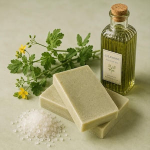 Könnte beinhalten: Arrangement natürlicher Hautpflegeprodukte. Enthält drei rechteckige grüne Seifenstücke, eine klare Glasflasche mit Infusionsöl mit Korken und einen Haufen weißer Badesalze. Das Flaschenetikett lautet "Celandine Infused Oil".