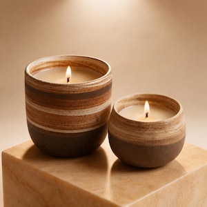 May include: Two lit candles in ceramic holders. The larger candle holder is cylindrical with horizontal bands of brown, tan, and white. The smaller candle holder is round with similar coloring. Both candles are on a light brown surface.