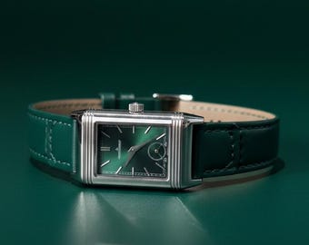 Jaeger LeCoultre Reverso Style Watch Green Dial Art Deco Rectangle Luxury Flip Case Design