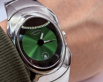 Oakley Style Futuristic Watch Green Dial Sculptural Steel Case, Minimalist Design, Rare Look
