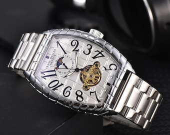 Franck Muller Style Watch Tonneau Case Open Heart Gold Accent Luxury Curved Design