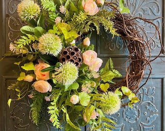 Summer Garden Wreath|Lush Pink & Green Floral Grapevine Wreath|Elegant Front Door Decor|Cottage Garden Spring Summer Wreath
