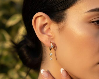 Triple CZ Dangle Hoop Earrings • 18K Gold PVD Plated, Minimalist Jewelry