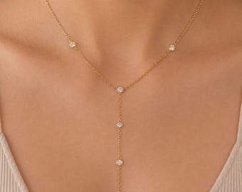 18K Gold Plated Lariat Necklace, Minimalist Station Drop Chain, Waterproof Jewelry Gift For Her