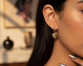 Gold Heart Charm Hoop Earrings, Dainty CZ Star Dangle Hoops, Minimalist Jewelry Gift