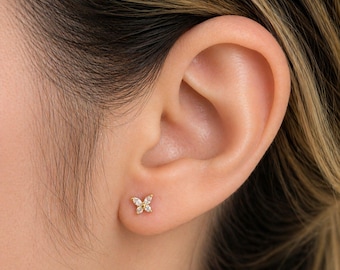 Sterling Silver Butterfly Crystal Stud Earrings, 18K Gold Plated, 5mm Tiny Dainty Screw Back