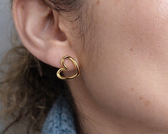 Large Open Heart Stud Earrings for Her • Statement Heart Studs • Everyday Waterproof • Gift Ready