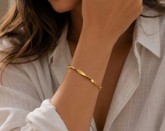 Gold Twisted Cuff Bracelet, Minimalist Open Bangle Bracelet, Waterproof Jewelry Gift For Her