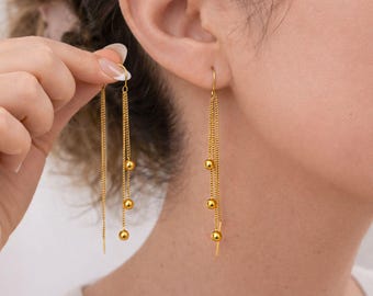 Gold Threader Earrings, Dangle Ball Chain, Minimalist Drop Earrings, Waterproof Jewelry, Gift For Her