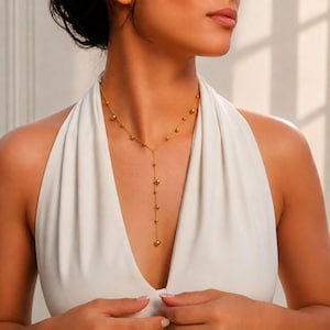 Collar largo tipo lariat con cuentas • Cadena de bolitas dorada o plateada • Joyería minimalista colgante