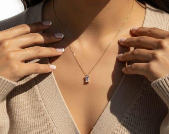 14K Gold Plated Emerald Cut Necklace, Dainty Zircon Pendant, Minimalist Waterproof Jewelry, Birthday Gift