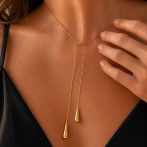 Gold Teardrop Lariat Necklace • Long Drop Y Necklace • Minimalist Waterproof Jewelry • Gift For Her