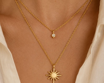 Layered Starburst Pendant Necklace, Celestial Star Necklace, Tiny CZ Charm, Minimalist Jewelry Gift