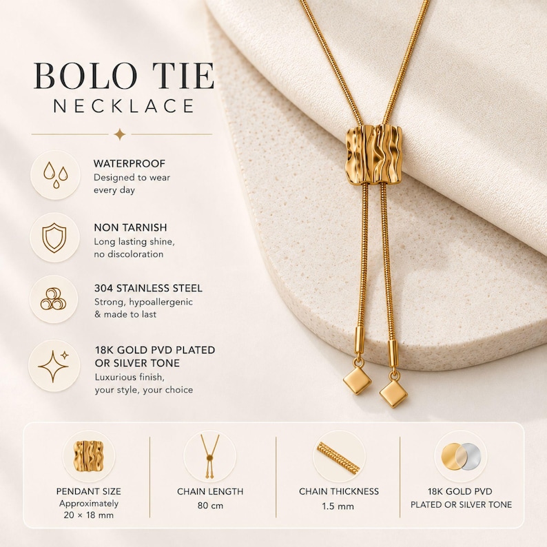 Gold bolo tie necklace feature card showing a sculptural adjustable slider with long tassel drops and product details including waterproof, non tarnish, 304 stainless steel and 18K gold PVD plated or silver tone options. The graphic also shows approximately 20 x 18 mm pendant size, 80 cm chain length and 1.5 mm chain thickness for this statement Y necklace.
