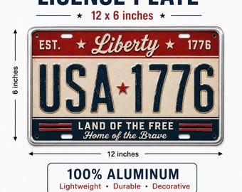 Liberty USA 1776 License Plate, Vintage Patriotic Decorative Car Tag, Land of the Free Aluminum Plate, Americana Garage Decor