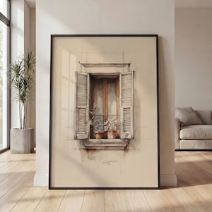 May include: A framed art print featuring a sketch of a window with open shutters. The window reveals a glimpse of a wooden interior and potted plants. The artwork is rendered in shades of brown and beige, with delicate line work.