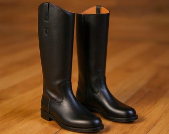 German Officer Riding Boots Handmade | Black Leather Military Tall Boots Men|Equestrian Cavalry Knee High Boots Historical Reenactment Boots