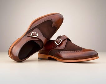 Mens Brown Monk Strap Shoes, Brogue Dress Shoes Men, Leather Formal Shoes, Handmade Wedding Shoes, Classic Oxford Style
