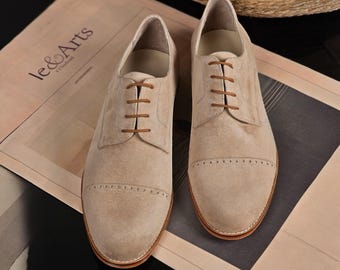 Herren Beige Wildleder Oxford Schuhe, Cap Toe Hochzeit formelle Schuhe