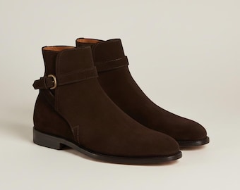 Mens Brown Suede Ankle Boots, Strap Monk Style Boots, Minimal Leather Dress Boots, Handmade Smart Casual Footwear