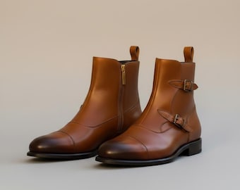 Mens Monk Strap Ankle Boots Brown Leather, Cap Toe Dress Boots, Handmade Formal Smart Shoes