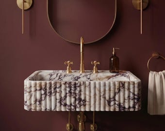 Fluted Calacatta Viola Marble Sink | Hand Carved Wall Mount Basin | Modern Powder Room Vanity | Natural Stone Washbasin