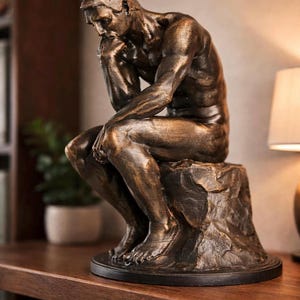 May include: Bronze-effect sculpture of a seated figure, the Thinker, with a hand on the chin, in a pensive pose. The statue sits on a textured rock base and a black circular platform. A decorative item for the home.
