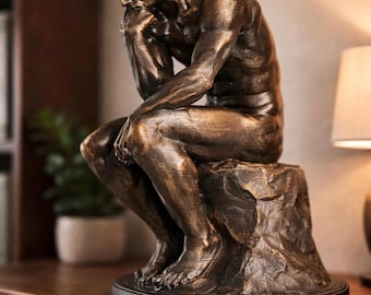 May include: Bronze-colored sculpture of a seated figure, the Thinker, with a hand on the chin, deep in thought. The statue is on a textured rock base and a black circular platform. The sculpture is a decorative item.