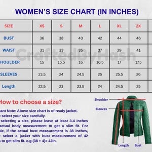 Puede incluir: Tabla de tallas de chaquetas para mujer en pulgadas, mostrando medidas de busto, cintura, hombros, mangas y largo para tallas XS a 3X. Incluye una ilustración de una chaqueta verde.