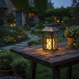 Puede incluir: Una linterna decorativa para exteriores con una luz cálida, colocada sobre una mesa de madera envejecida. La linterna tiene un diseño de vidrio con patrón de diamantes y un marco de color bronce. El fondo muestra un jardín exuberante y un sendero de piedra.
