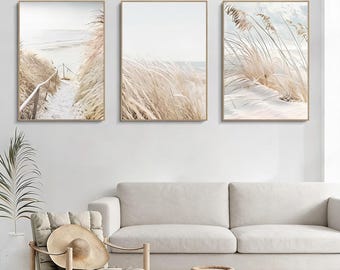 Beach Wand Kunst 3er Set, Pampasgras Landschaft Leinwanddrucke