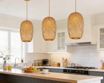 Boho Bambus Pendelleuchte, gewebte Rattan Deckenleuchte für Esszimmer Küche