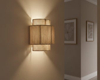 Rattan Wandleuchte, Boho Wandleuchte, handgefertigte gewebte Lampe, warme Umgebungsbeleuchtung
