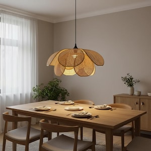 Japanese Style Rattan Pendant Light – Boho Woven Petal Ceiling Lamp