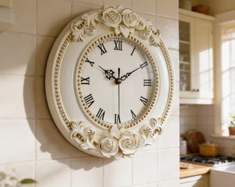 Vintage Wanduhr mit Blumenmuster, Dekoration im französischen Stil, Shabby Chic Stille Uhr
