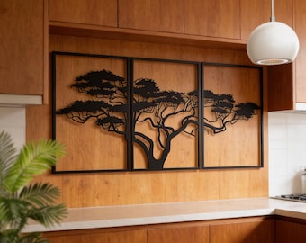 Baum des Lebens Metallwandkunst, 3-teiliges schwarzes Baumwanddekorset