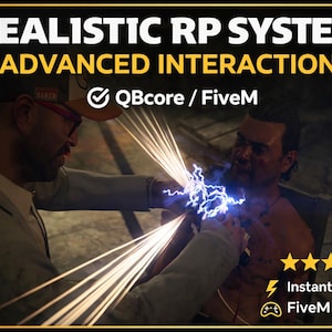 Puede incluir: La imagen presenta el texto "REALISTIC RP SYSTEM ADVANCED INTERACTION" con un gráfico de dos hombres y energía eléctrica. El texto también incluye "QBCore / FiveM" y "Instant Download FiveM Ready".