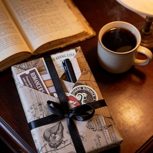 May include: A wrapped gift with a black ribbon, a mug of coffee, and an open book on a wooden table. The gift is wrapped in brown paper with a map design and the words "Reading List" are visible. A sticker with the words "Dark Romance" is on the gift.