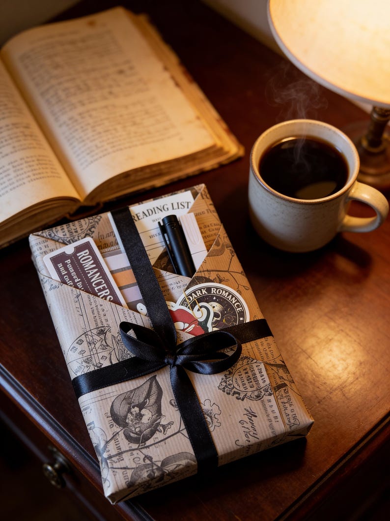 May include: A wrapped gift with a black ribbon, a mug of coffee, and an open book on a wooden table. The gift is wrapped in brown paper with a map design and the words "Reading List" are visible. A sticker with the words "Dark Romance" is on the gift.