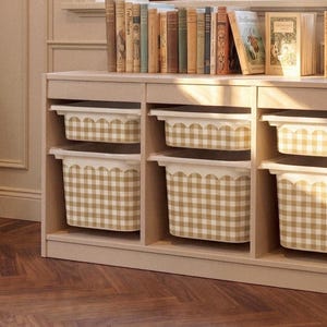 Pegatinas para IKEA Trofast en amarillo mostaza con borde festoneado y estampado vichy, decoración infantil y cuarto de juegos, ninos