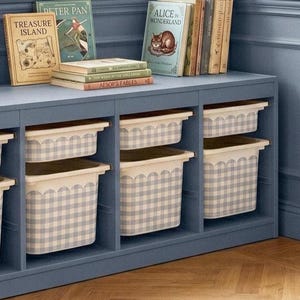 IKEA Trofast Stickers, Blue Scalloped Wraps with Gingham pattern, kids playroom storage decor, cottagecore