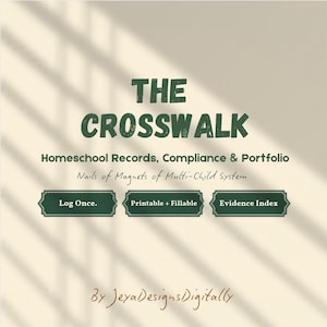 以下が含まれることがあります： THE CROSSWALK Homeschool Records, Compliance & Portfolioというタイトルのデジタルドキュメントの表紙。Nails of Magnets of Multi-Child Systemというテキストと、Log Once、Printable + Fillable、Evidence Indexとラベル付けされた3つの緑色の長方形のボタンが表示されています。