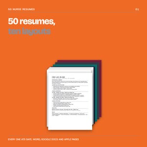 Può includere: Una visualizzazione di prodotto digitale con 50 curriculum per infermieri in dieci layout su sfondo arancione. Il testo recita 50 NURSE RESUMES, 50 resumes, ten layouts e EVERY ONE ATS SAFE. WORD, GOOGLE DOCS AND APPLE PAGES. Una pila di documenti.