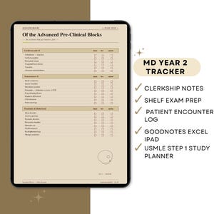 May include: A digital tablet displaying a beige MD Year 2 tracker study planner. The screen shows sections for Advanced Pre-Clinical Blocks including Cardiovascular II, Neuroscience II, and Psychiatry & Behavioral with checkboxes for read, review, and grade.