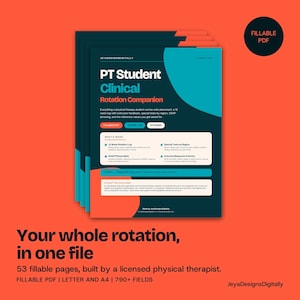 Puede incluir: Una pila de documentos digitales titulada PT Student Clinical Rotation Companion con fondo verde azulado oscuro, acentos en verde azulado y texto blanco. El documento incluye secciones para un registro de rotación de 12 semanas.