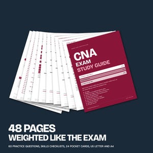 Op de afbeelding: Een CNA-examenstudiegids met een donkerrode omslag met witte tekst die CNA EXAM STUDY GUIDE, 2023 EDITION en examenonderdelen vermeldt. De gids bevat 48 pagina's, oefenvragen, vaardigheidschecklists en 24 zakkaarten voor snelle referentie.